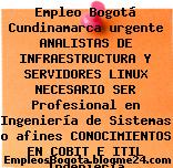 Empleo Bogotá Cundinamarca urgente ANALISTAS DE INFRAESTRUCTURA Y SERVIDORES LINUX NECESARIO SER Profesional en Ingeniería de Sistemas o afines CONOCIMIENTOS EN COBIT E ITIL Ingeniería