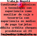 Trabajo Bogotá Cundinamarca técnicas o tecnologas con experiencia como auxiliar de caja o tesorería con experiencia en medios de pago tarjetas débito crédito cheques preséntese el 23 respuesta inmediata y contratación Oficina
